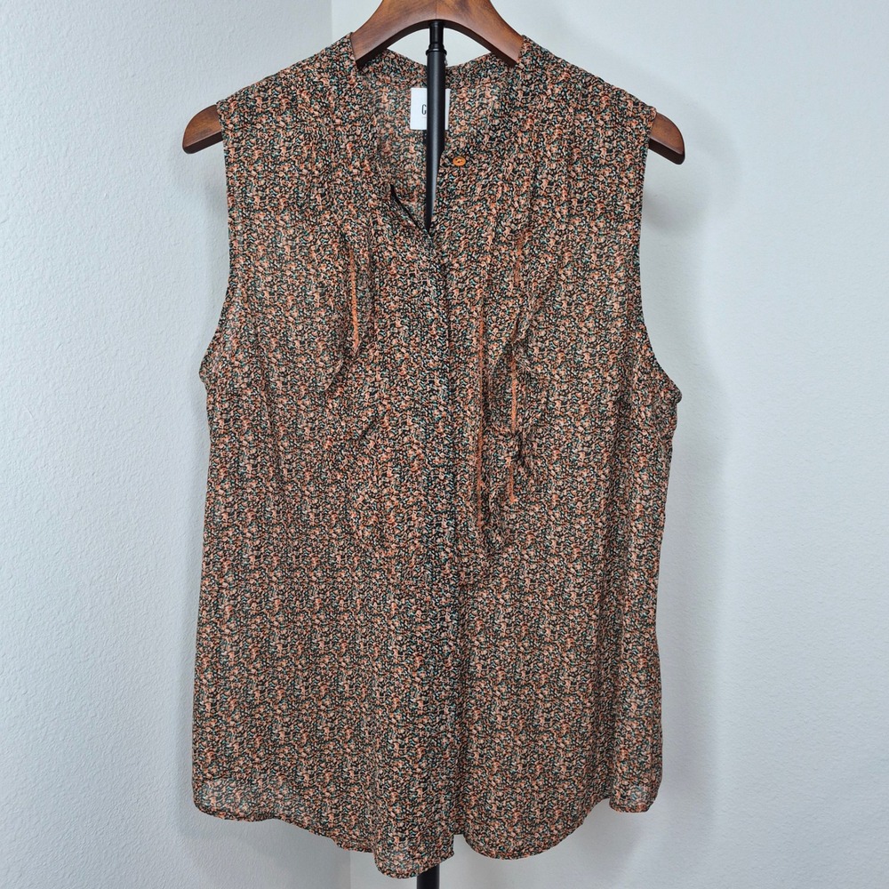 Cabi Sleeveless Tux Ruffle Top Blouse‎ Orange Turquoise Ditsy Floral Large Retro